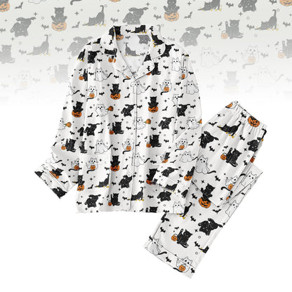 Black Cat Halloween Pajamas Set, Spooky Matching Pajamas Set, Cute Ghost Pajamas For Her, Cozy Fall Pajama Outfit For Her