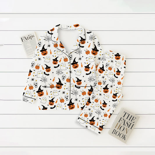 Halloween Witch Ghost Pumpkin Spider Pajamas Set, Halloween Pattern Sleepwear, Halloween Scary Pumpkin Homewear, Spooky Season Gift