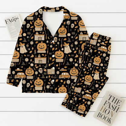 Halloween Town Pumpkin Pajamas Set, Ghost Pumpkin Witch Sleepwear, Halloween Pattern Loungewear, Spooky Season Gift, Halloween Gift