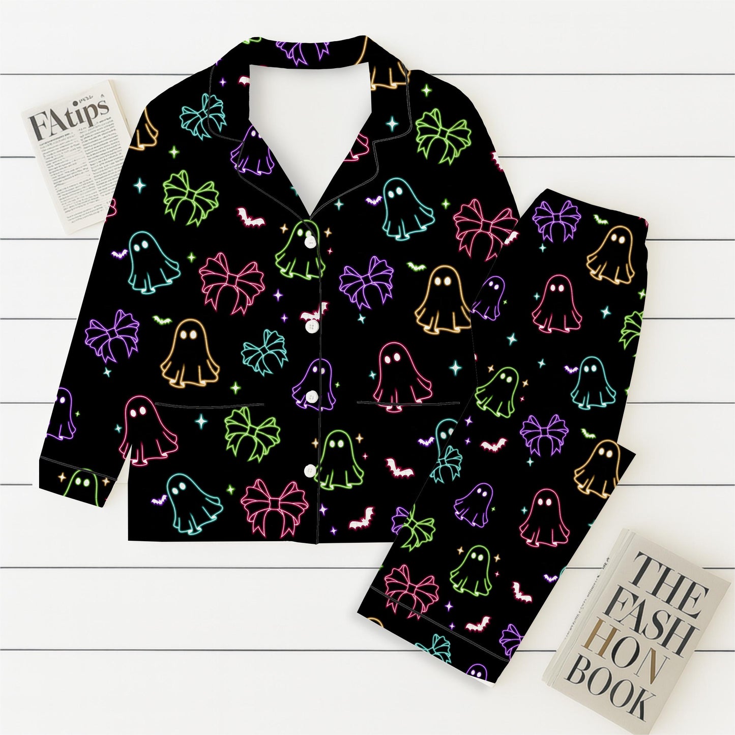 Halloween Neon Ghost And Bow Pajamas Set, Coquette Bow Sleepwear, Halloween Ghost Homewear, Spooky Season Gift, Halloween Gift