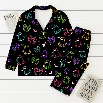 Halloween Neon Ghost And Bow Pajamas Set, Coquette Bow Sleepwear, Halloween Ghost Homewear, Spooky Season Gift, Halloween Gift
