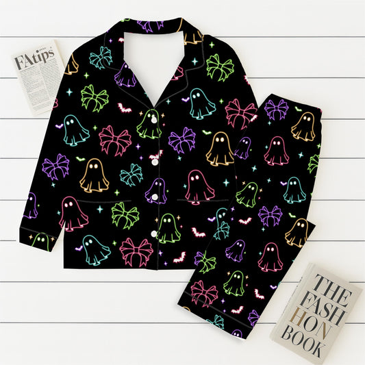 Halloween Neon Ghost And Bow Pajamas Set, Coquette Bow Sleepwear, Halloween Ghost Homewear, Spooky Season Gift, Halloween Gift