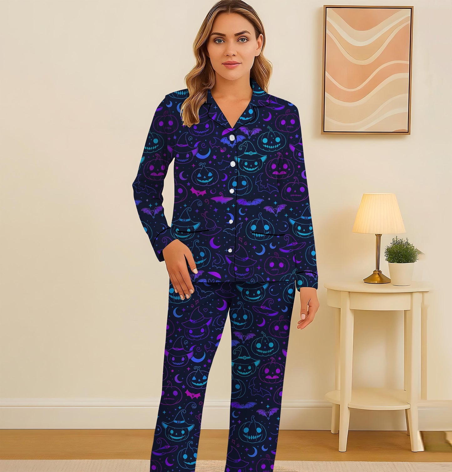 Halloween Neon Pumpkin Witch Bat Pajamas Set, Spooky Pumpkin and Bat Sleepwear, Halloween Pattern Homewear, Blue Purple Pjs, Halloween Gift