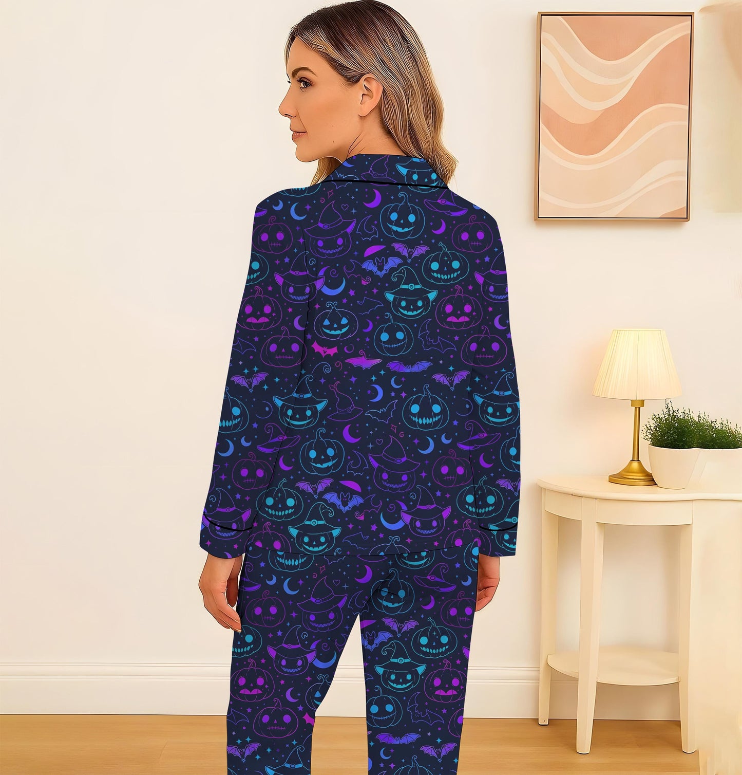 Halloween Neon Pumpkin Witch Bat Pajamas Set, Spooky Pumpkin and Bat Sleepwear, Halloween Pattern Homewear, Blue Purple Pjs, Halloween Gift