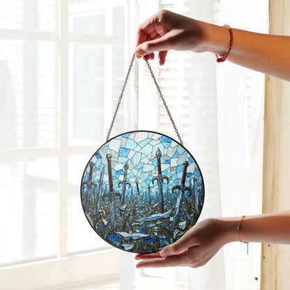Sword field stained glass fantasy suncatcher mystical decor gift for him birthday Halloween gift