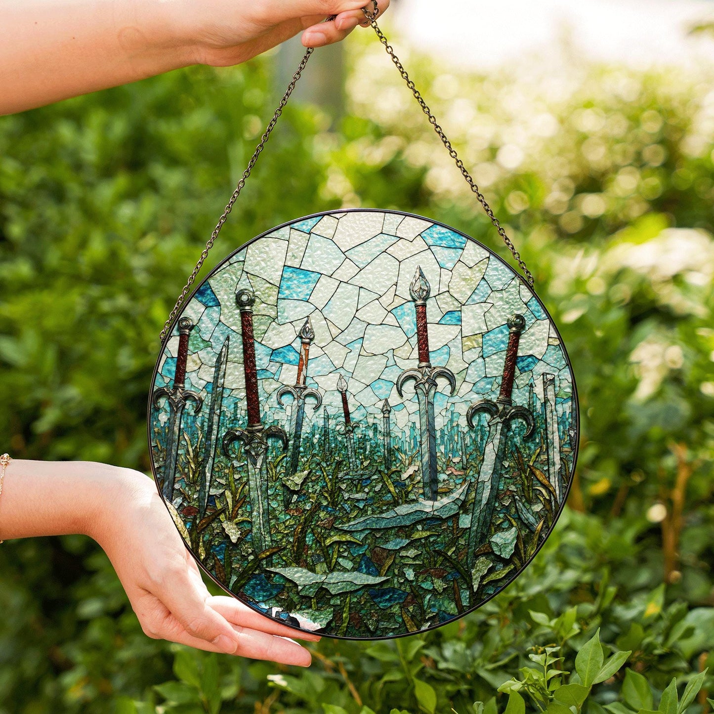 Sword field stained glass fantasy suncatcher mystical decor gift for him birthday Halloween gift