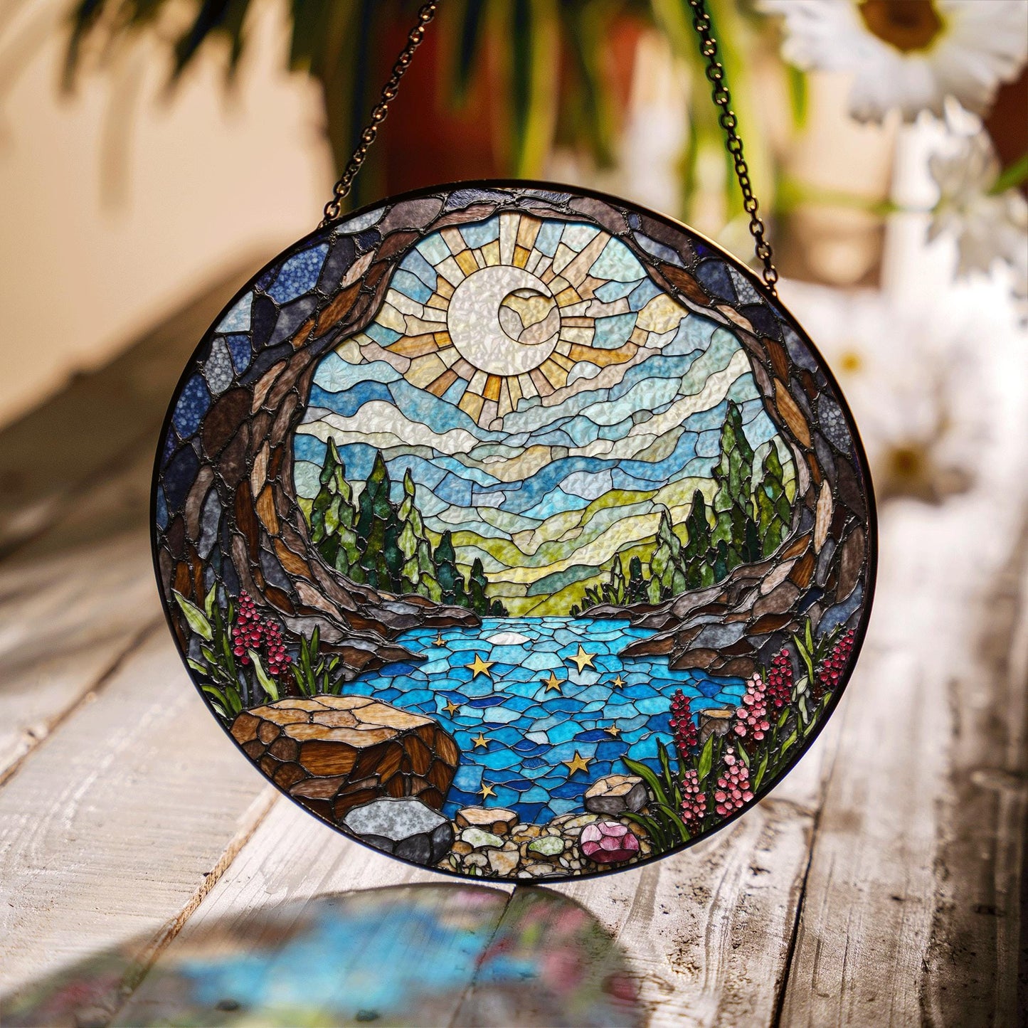 Moonlit forest river stained glass suncatcher landscape window decor gift for nature lover birthday or housewarming