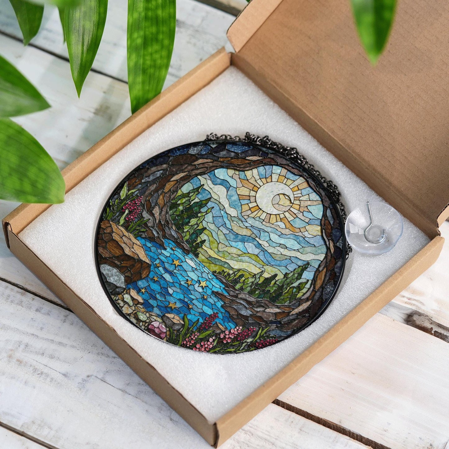 Moonlit forest river stained glass suncatcher landscape window decor gift for nature lover birthday or housewarming