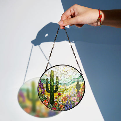 Colorful Desert Cactus Scene Round Suncatcher Window Hanging Southwest Decor Mothers Day Gift