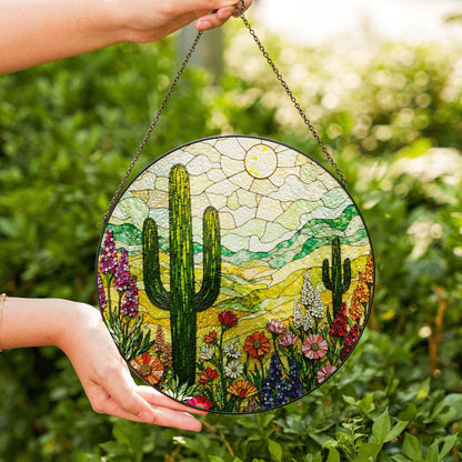 Colorful Desert Cactus Scene Round Suncatcher Window Hanging Southwest Decor Mothers Day Gift