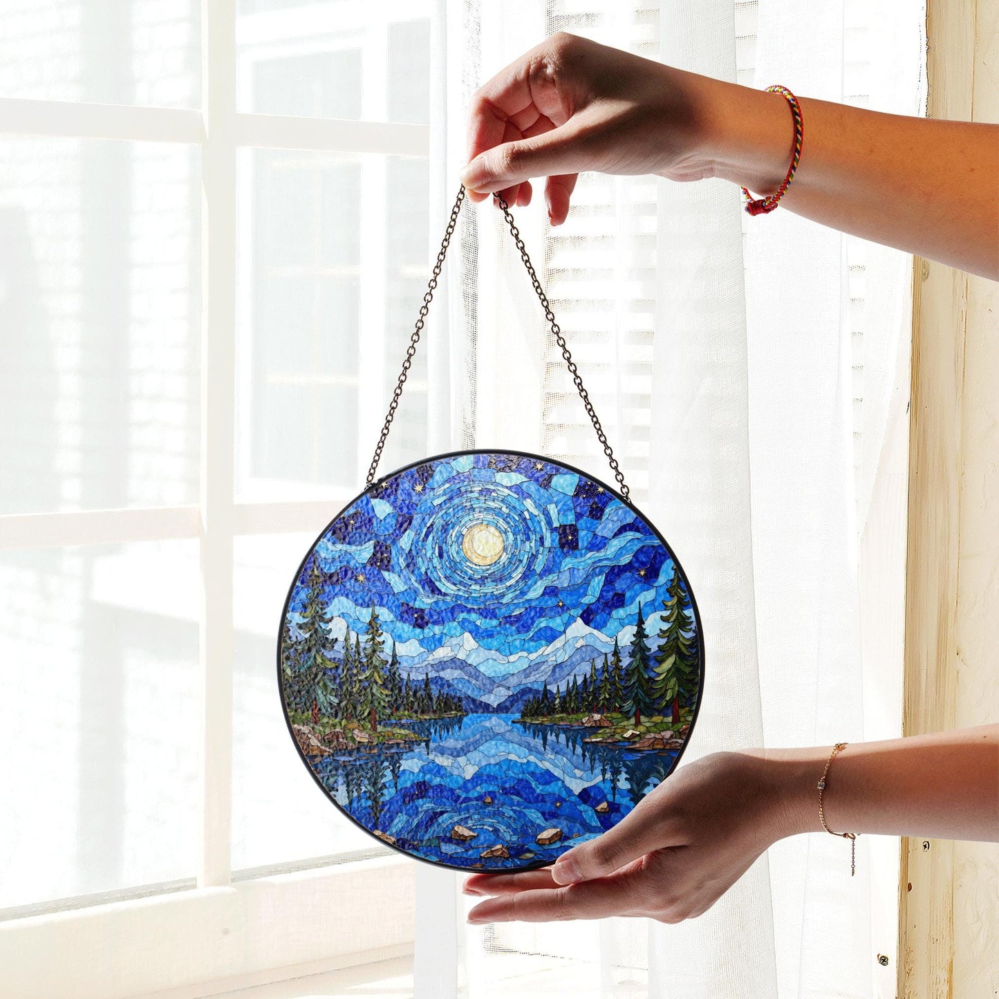 Moonlit lake forest stained glass suncatcher round window decor gift for nature lover or Christmas holiday