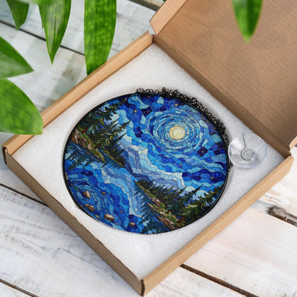 Moonlit lake forest stained glass suncatcher round window decor gift for nature lover or Christmas holiday