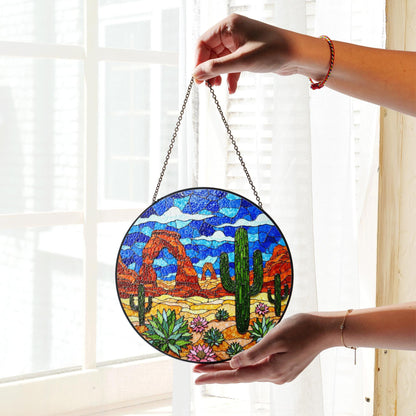 Desert cactus landscape suncatcher round stained glass window hanging for Southwest decor Mothers Day gift