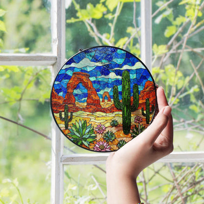 Desert cactus landscape suncatcher round stained glass window hanging for Southwest decor Mothers Day gift