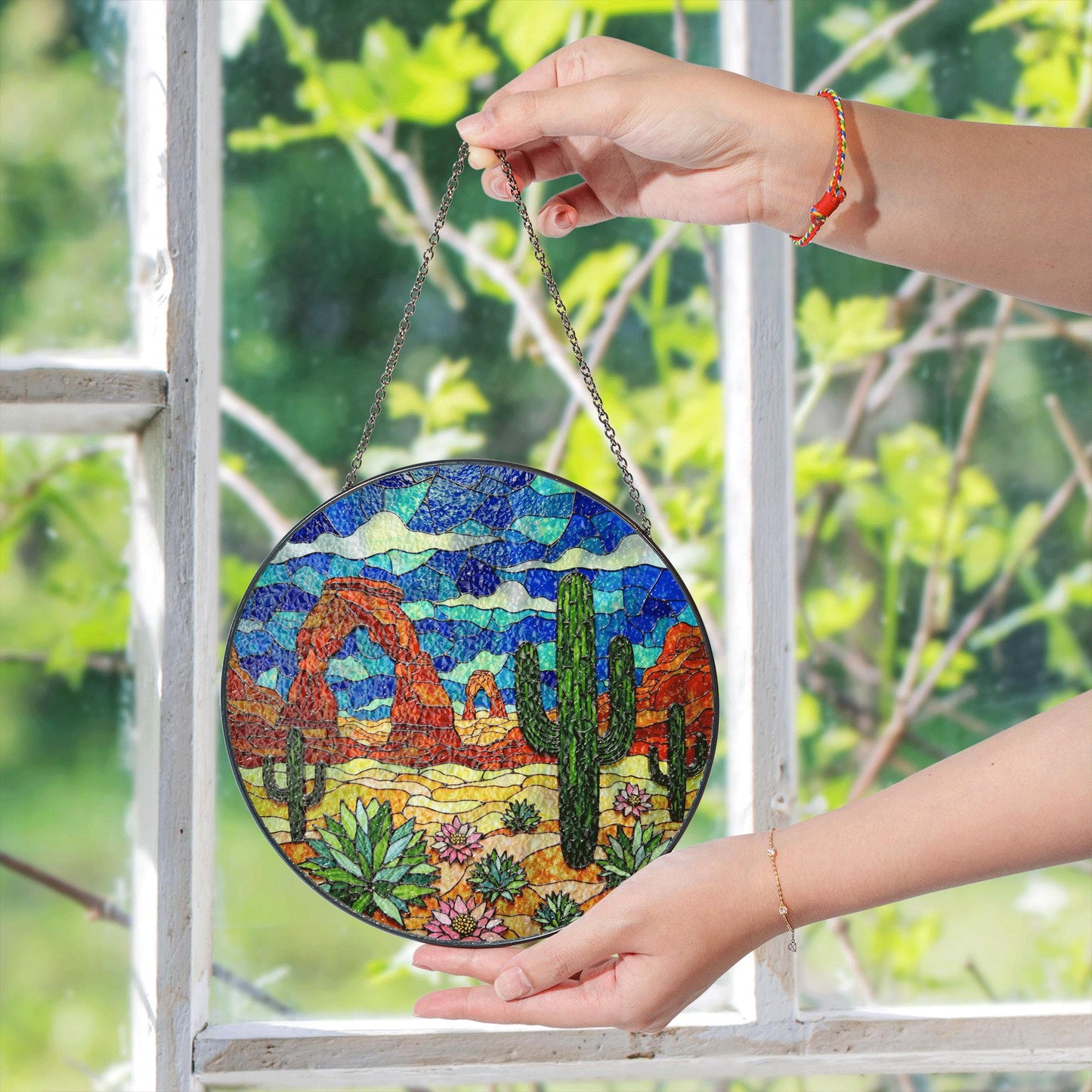 Desert cactus landscape suncatcher round stained glass window hanging for Southwest decor Mothers Day gift