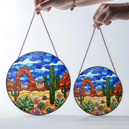 Desert cactus landscape suncatcher round stained glass window hanging for Southwest decor Mothers Day gift