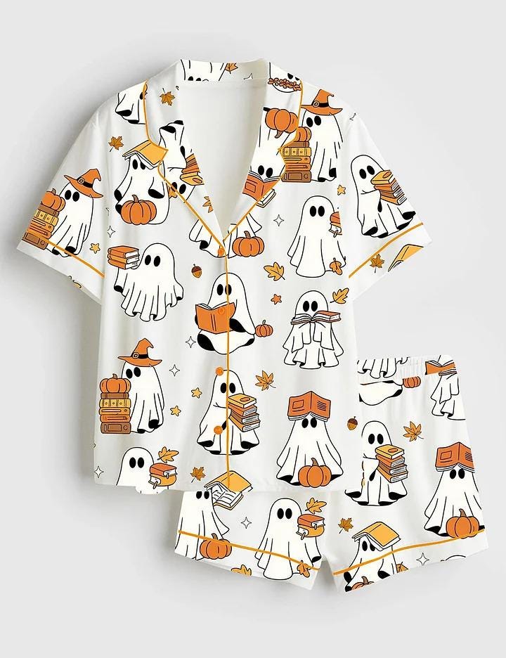 Women’s Ghost Books Halloween Short Sleeve Satin Pajama Set, Sleepwear Halloween Print Nightwear Pijama Set, Gift for women lover