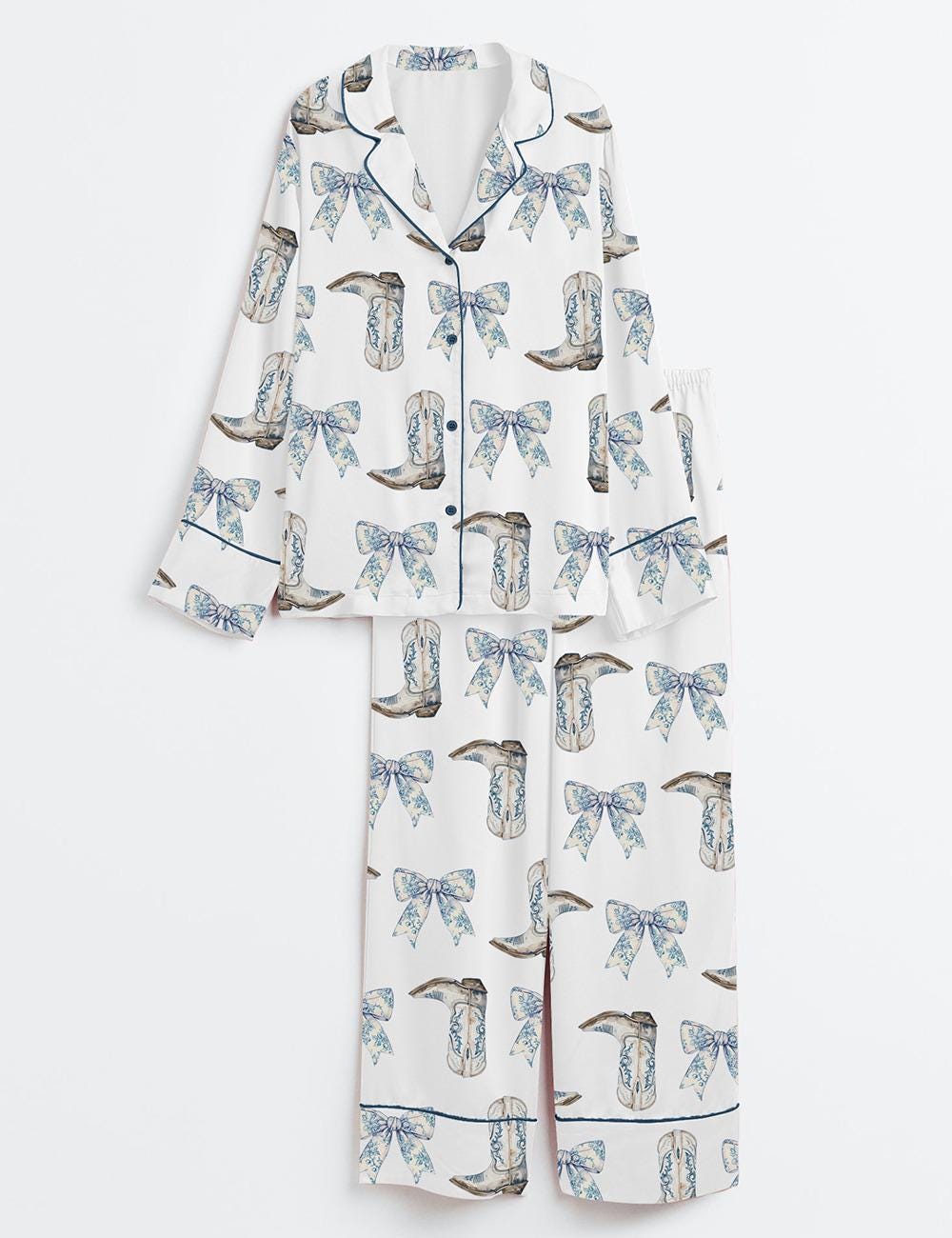 Women's Coquette Blue Bow And Boots Cowgirl Short Sleeve Satin Pajama Set, Gift For Women Pijamas Cowgirl Bow Boots Print