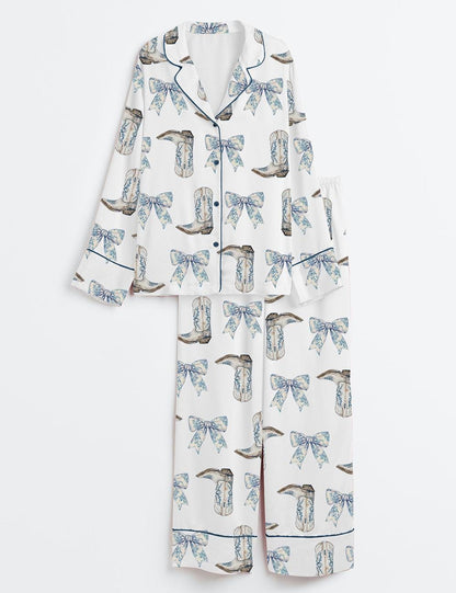Women's Coquette Blue Bow And Boots Cowgirl Short Sleeve Satin Pajama Set, Gift For Women Pijamas Cowgirl Bow Boots Print