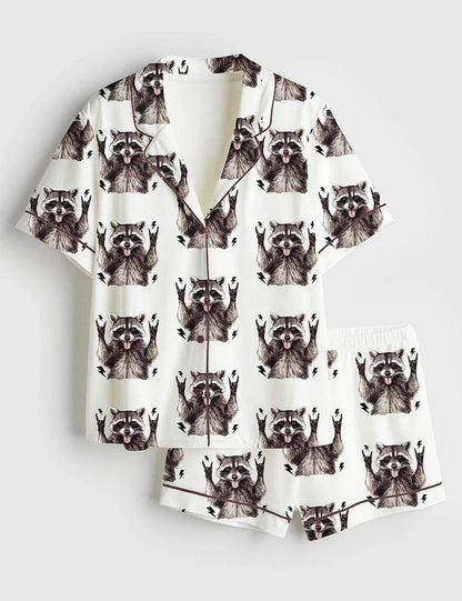 Women's Unhinged and Feral Racoon Short Sleeve Satin Pajama Set, Sleepwear Halloween Nightwear Pijama Set, Womens Pajamas Gift
