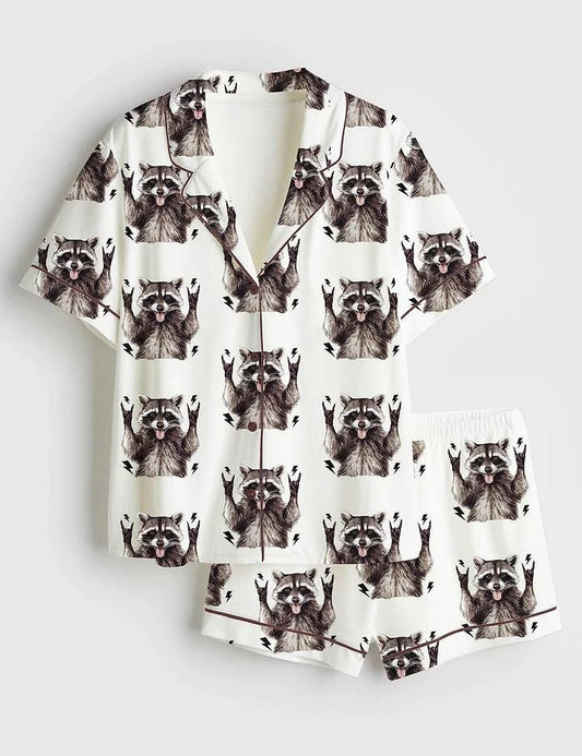 Women's Unhinged and Feral Racoon Short Sleeve Satin Pajama Set, Sleepwear Halloween Nightwear Pijama Set, Womens Pajamas Gift