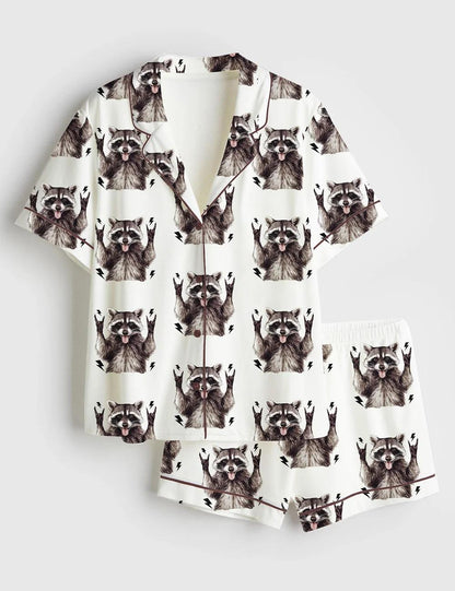 Women's Unhinged and Feral Racoon Short Sleeve Satin Pajama Set, Sleepwear Halloween Nightwear Pijama Set, Womens Pajamas Gift