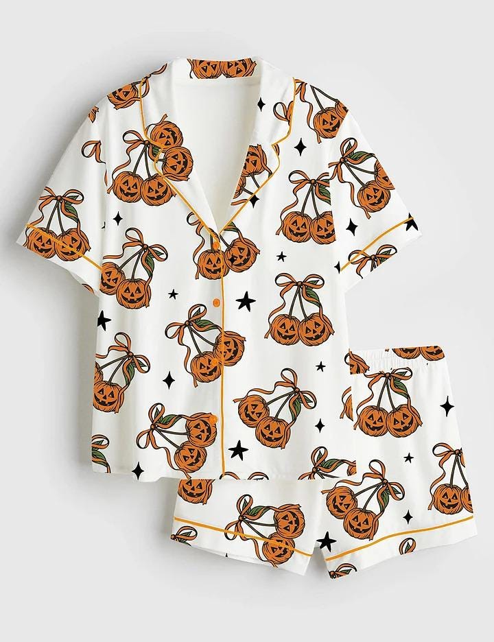Women’s Halloween Pumpkin Cheeries Coquette Short Sleeve Satin Pajama Set, Womens Pumpkin Pajamas Cheeries Gift Pjs