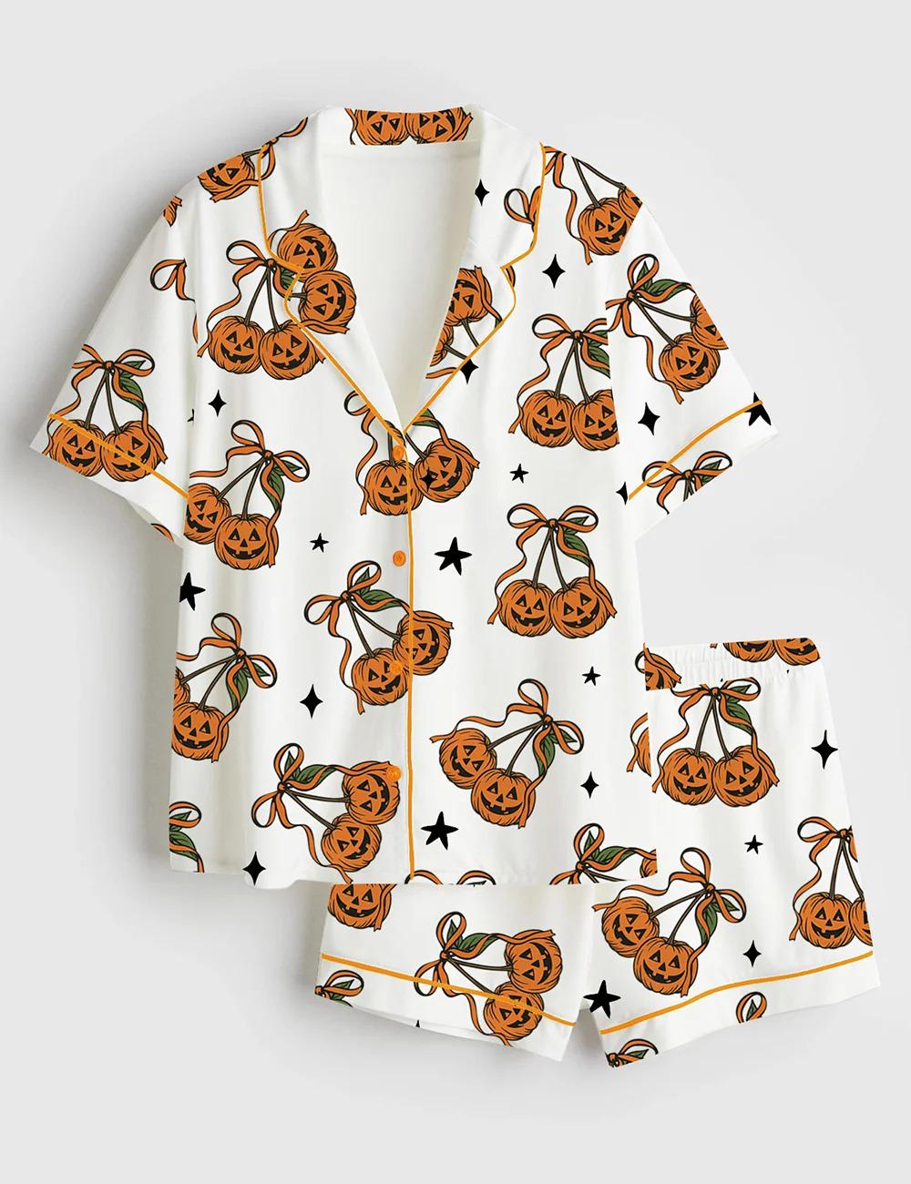 Women’s Halloween Pumpkin Cheeries Coquette Short Sleeve Satin Pajama Set, Womens Pumpkin Pajamas Cheeries Gift Pjs