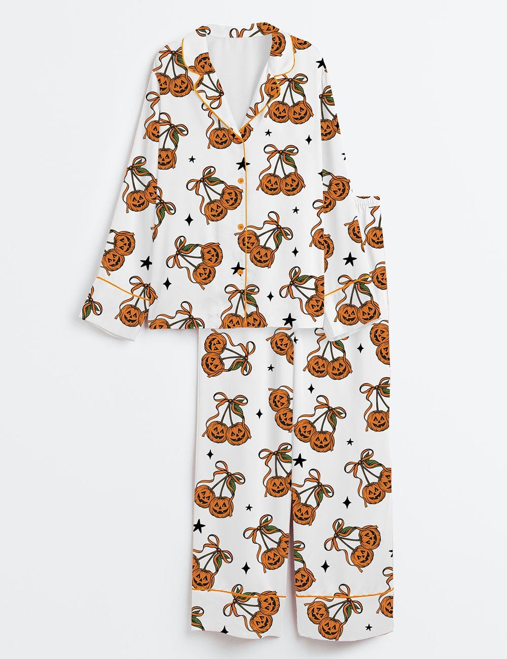 Women’s Halloween Pumpkin Cheeries Coquette Short Sleeve Satin Pajama Set, Womens Pumpkin Pajamas Cheeries Gift Pjs