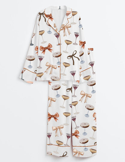 Women's Espresso Martinii Coquette Bow Short Sleeve Satin Pajama Set, Martinii Pajama pja shirt, Sleepwear Halloween Nightwear Pijama Set