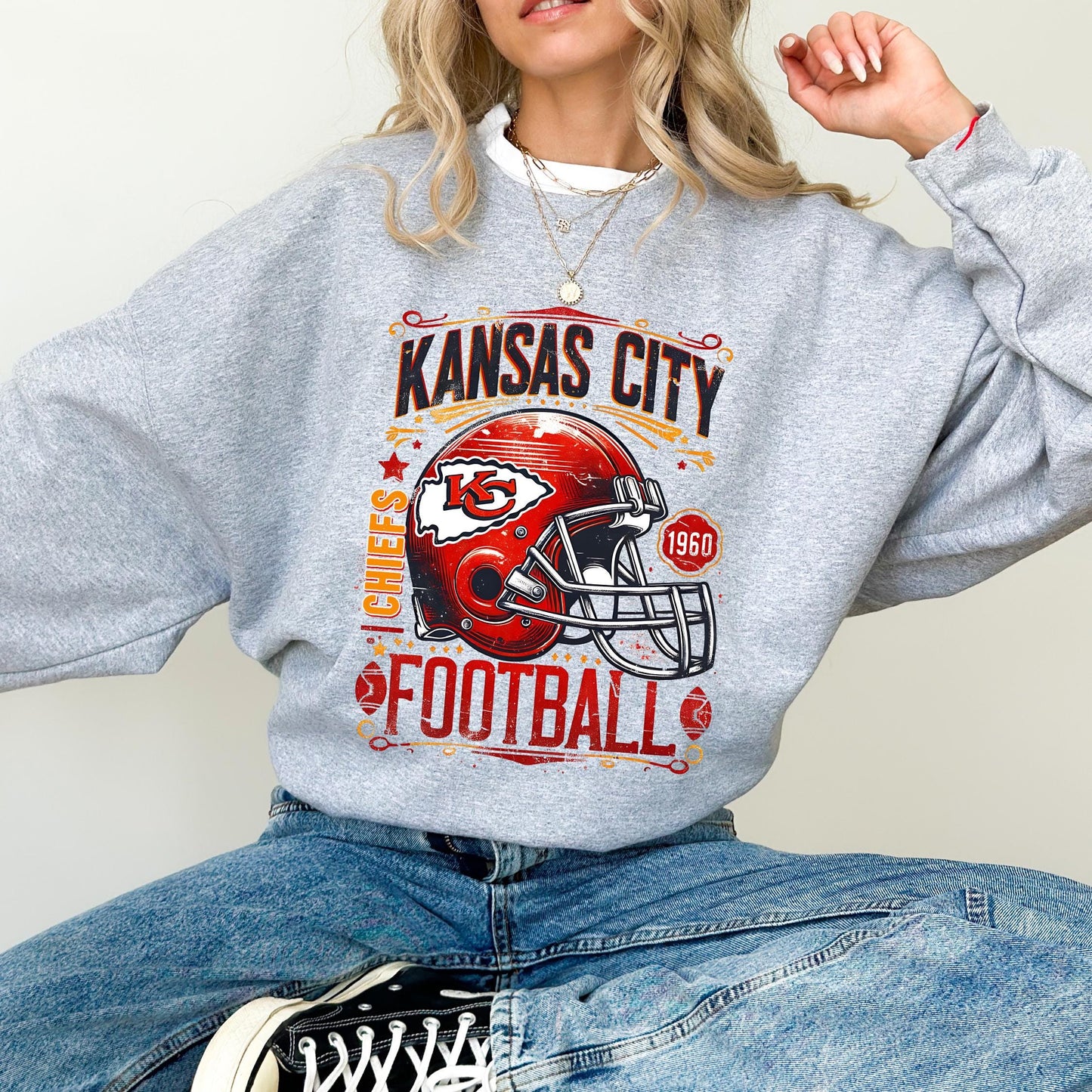 Vintage Chiefs Football Sweatshirt, Chiefs Shirt, Kansas City Shirt, American Football Crewneck, Game Day Taylors Boyfriend Shirt