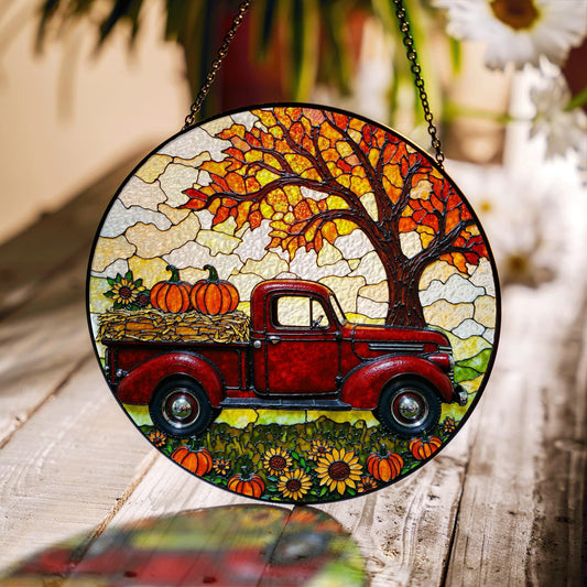 suncatcher stained glass red truck autumn pumpkin harvest gift for mom Mothers Day gift