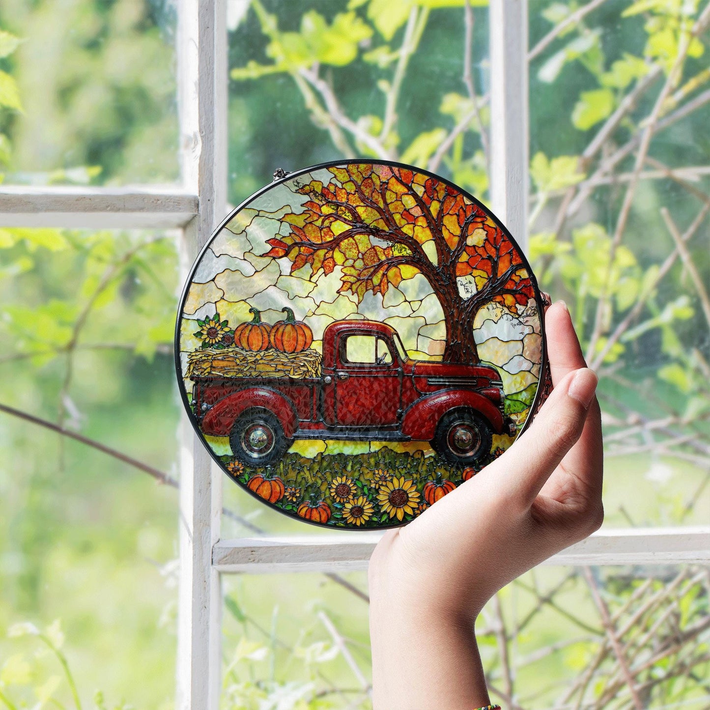 suncatcher stained glass red truck autumn pumpkin harvest gift for mom Mothers Day gift