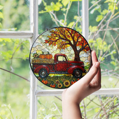 suncatcher stained glass red truck autumn pumpkin harvest gift for mom Mothers Day gift