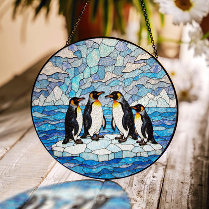 Suncatcher stained glass penguins on ice Christmas gift for mom winter home decor