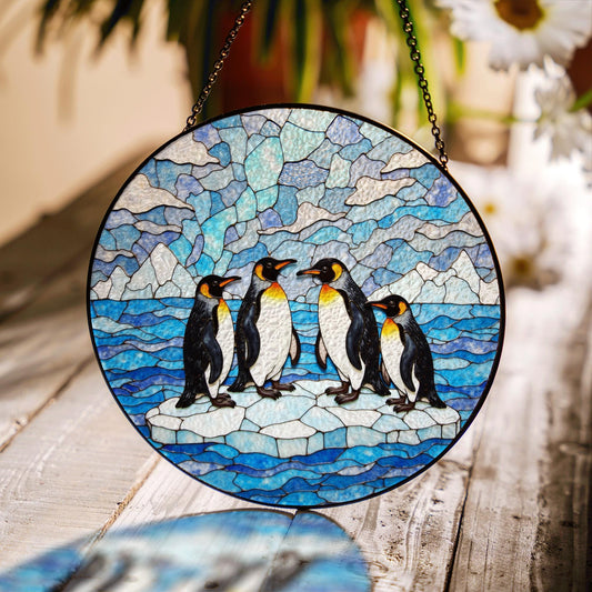 Suncatcher stained glass penguins on ice Christmas gift for mom winter home decor