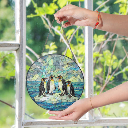 Suncatcher stained glass penguins on ice Christmas gift for mom winter home decor