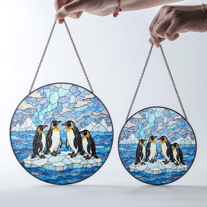 Suncatcher stained glass penguins on ice Christmas gift for mom winter home decor