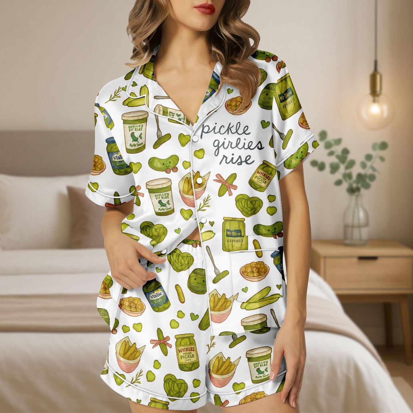 Pickle Girlies Satin Pajama Set, Funny Pickle Print PJs for Women, Button Up Short Sleeve Loungewear, Cute Foodie Sleep Set