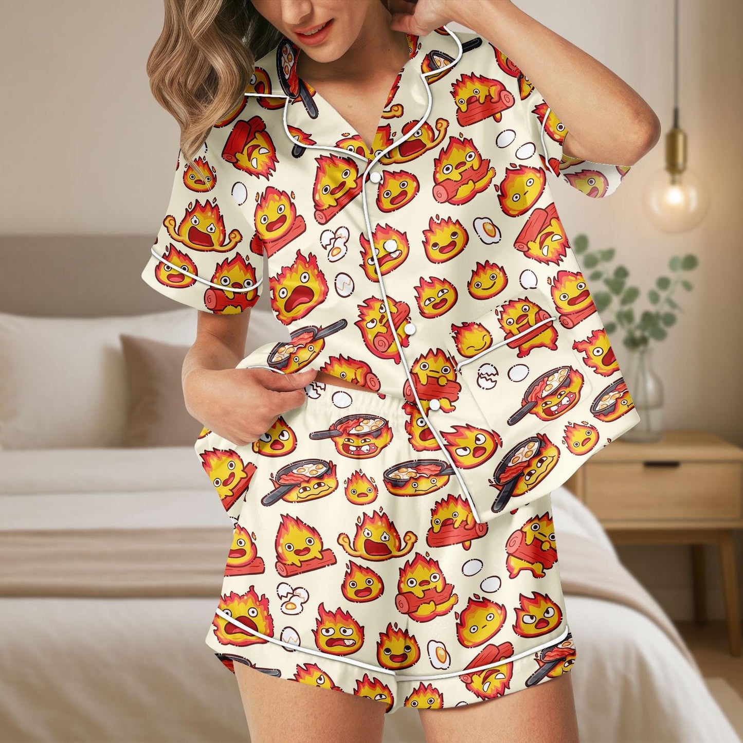 Calcifer Satin Pajama Set, Howl's Moving Castle Inspired Sleepwear, Kawaii Anime Fire Spirit Short PJs, Cute Ghibli Button Up Loungewear