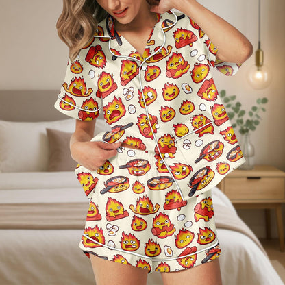 Calcifer Satin Pajama Set, Howl's Moving Castle Inspired Sleepwear, Kawaii Anime Fire Spirit Short PJs, Cute Ghibli Button Up Loungewear
