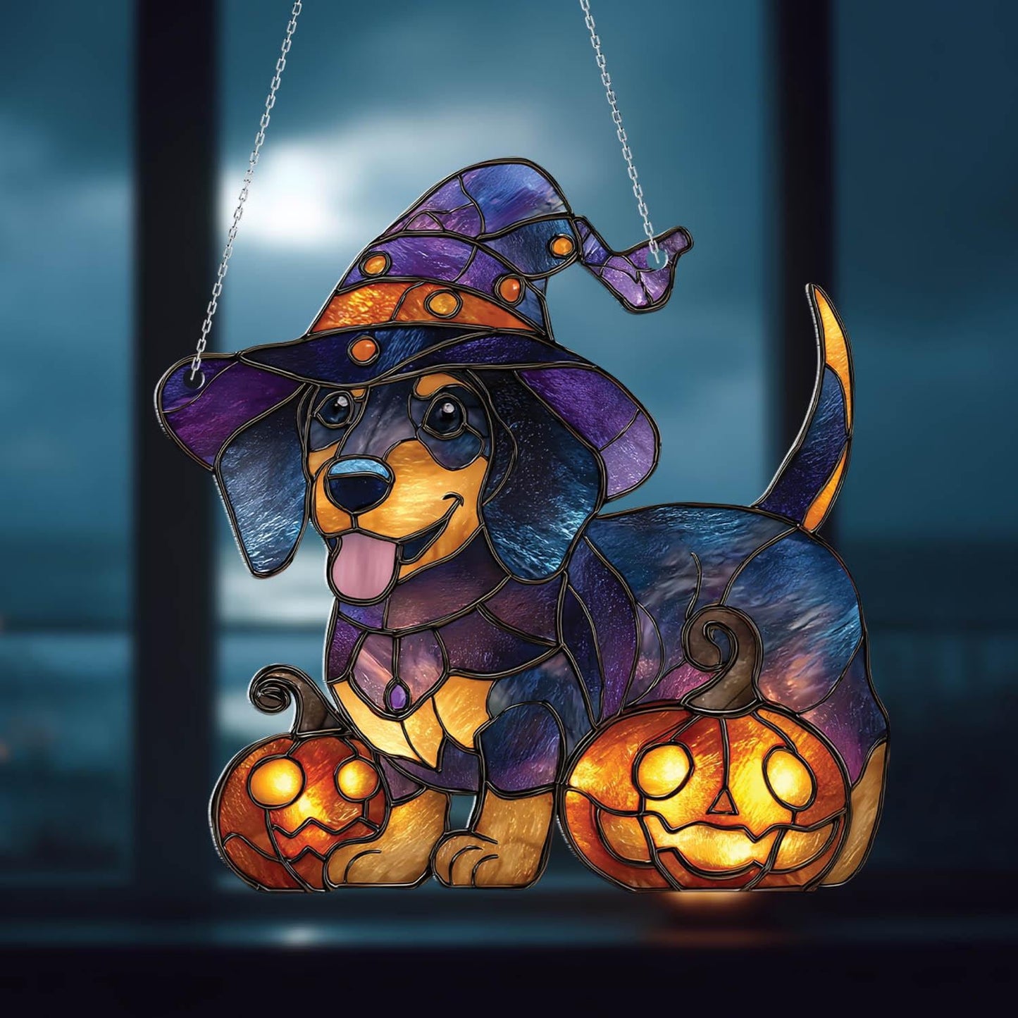 Halloween Dog Window Hanging, Witch Dog Decor, Pumpkin Halloween Decoration, Spooky Pet Decor, Halloween Home Decor, Fall Window Hanging