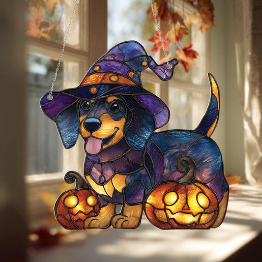 Halloween Dog Window Hanging, Witch Dog Decor, Pumpkin Halloween Decoration, Spooky Pet Decor, Halloween Home Decor, Fall Window Hanging