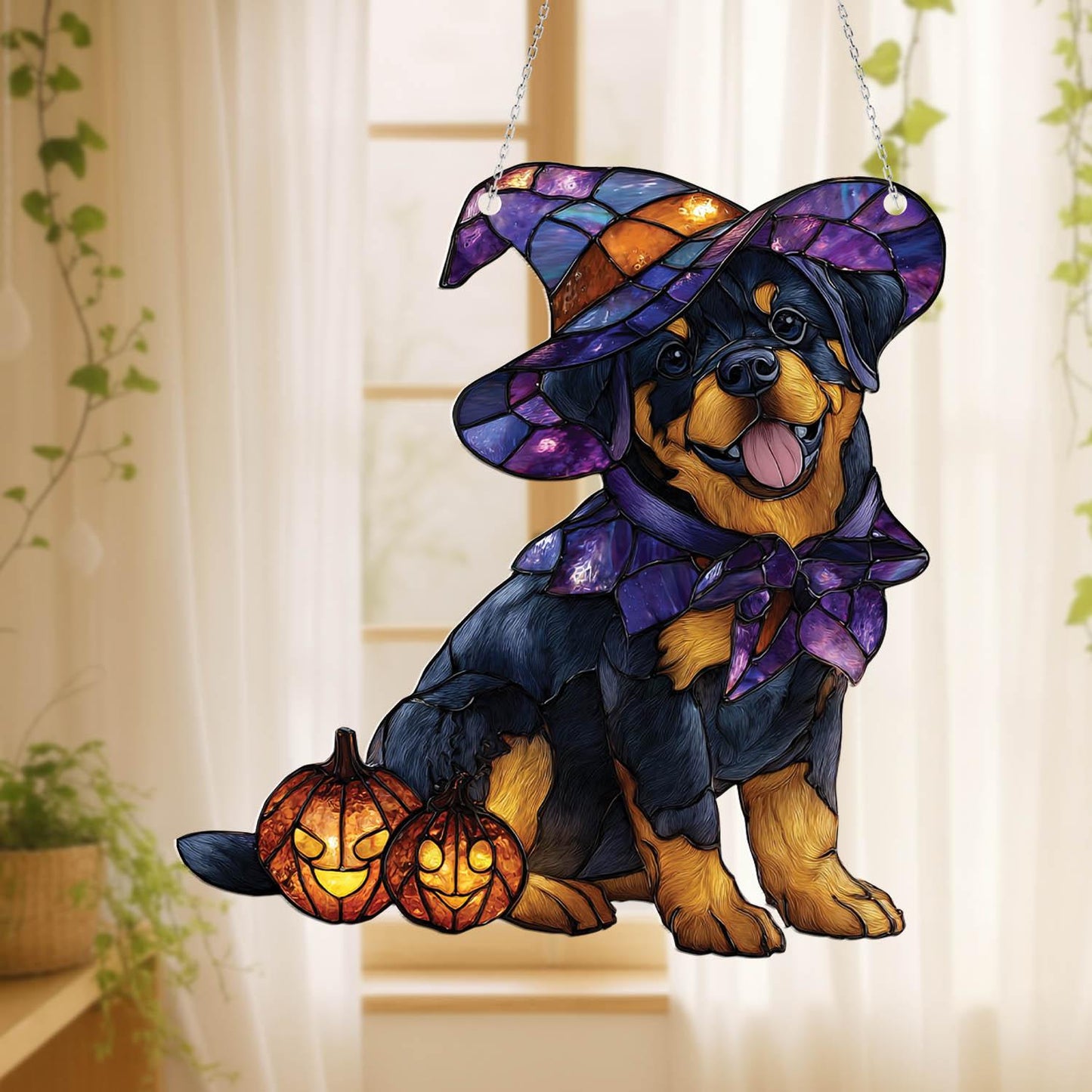 Halloween Rottweiler Window Hanging, Witch Dog Decor, Pumpkin Halloween Decoration, Spooky Pet Ornament,Fall Dog Decor, Halloween Home Decor