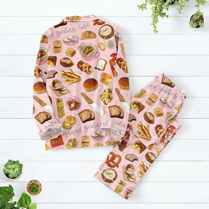 Bread Girlies Satin Pajama Set, Bakery Print Long Sleeve PJs, Cute Foodie Sleepwear, Pink Carb Lover Loungewear for Women