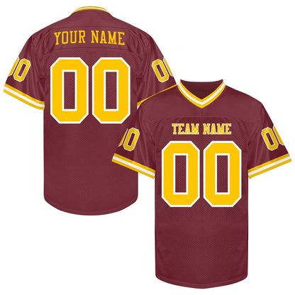 Custom Maroon Football Jersey Men Women Youth Kid, Maroon Yellow Football Shirts Sports Uniform Name Number Logo Uniform Fan Gift Outfit