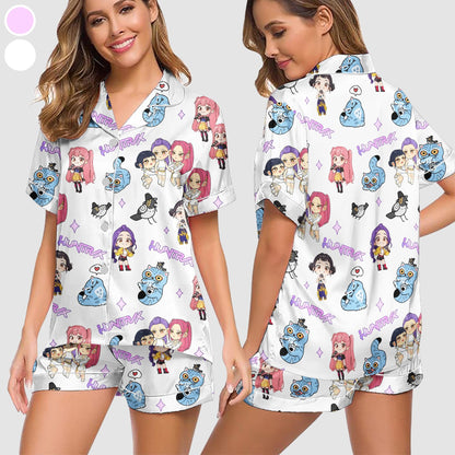 Kpop Demon Hunters Satin Pajama Set, Derpy the Tiger And Bird Sleepwear, Kpop Saja Boys Women Pajamas, Kpop Demon Hunter Shirt