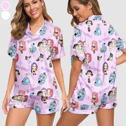 Kpop Demon Hunters Satin Pajama Set, Derpy the Tiger And Bird Sleepwear, Kpop Saja Boys Women Pajamas, Kpop Demon Hunter Shirt