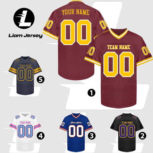 Custom Maroon Football Jersey Men Women Youth Kid, Maroon Yellow Football Shirts Sports Uniform Name Number Logo Uniform Fan Gift Outfit