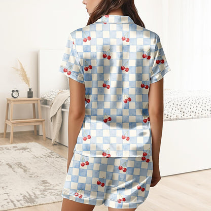 Cherry Short Satin Pajamas, Fruit Print Cherry Pajamas Set Women, Retro Silk Pajamas For Women, Matching Pajama Shorts Women